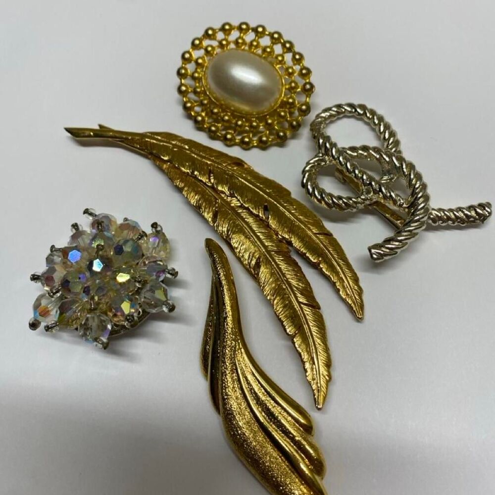 ^Vintage mid century brooch lot 5 faux pearl aurora borealis crystal textured le